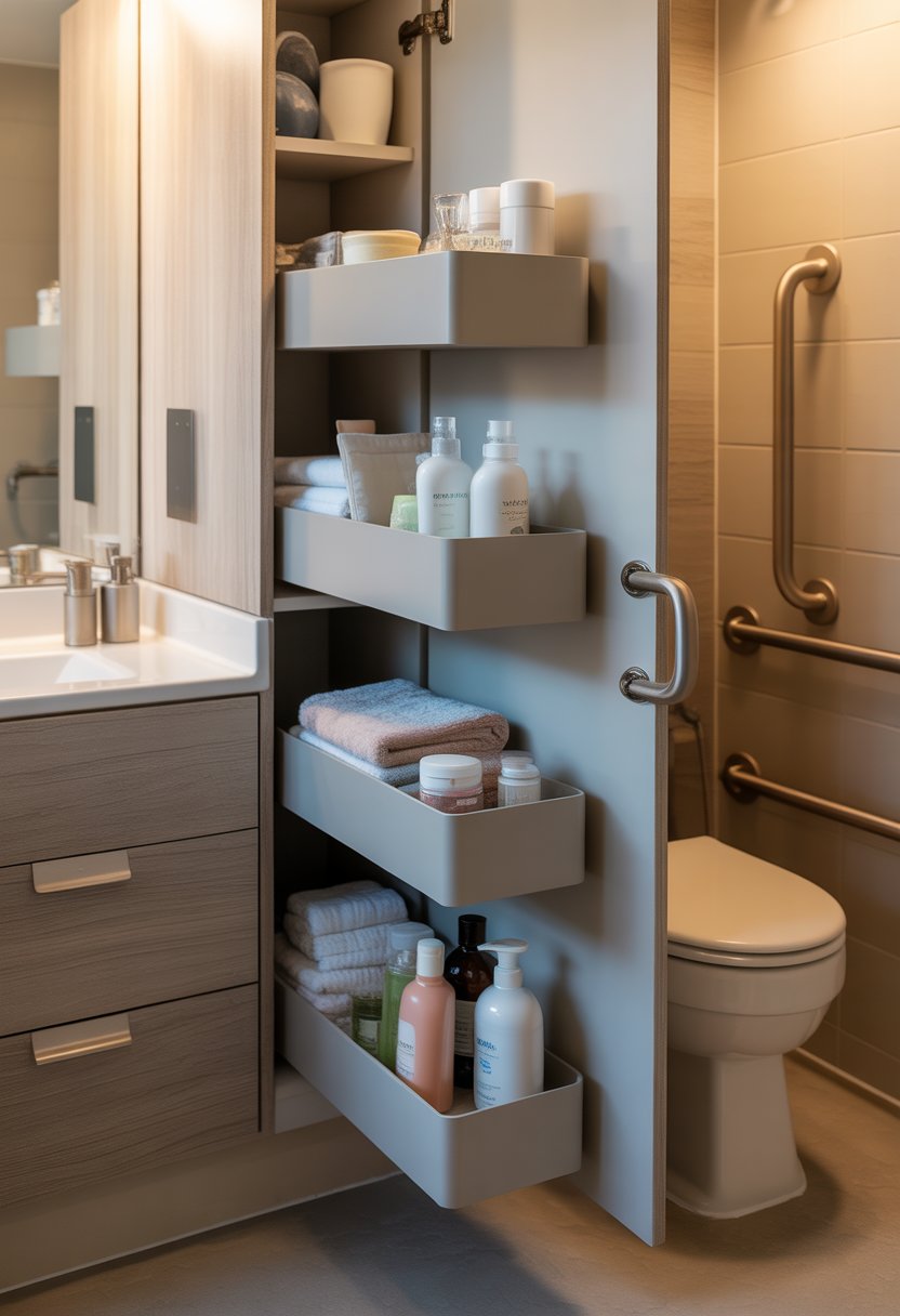 small bathroom organization | v2 wl63f fyug8 A small bathroom with pull-out shelves in a cabinet holding toiletries and towels, designed for easy access.