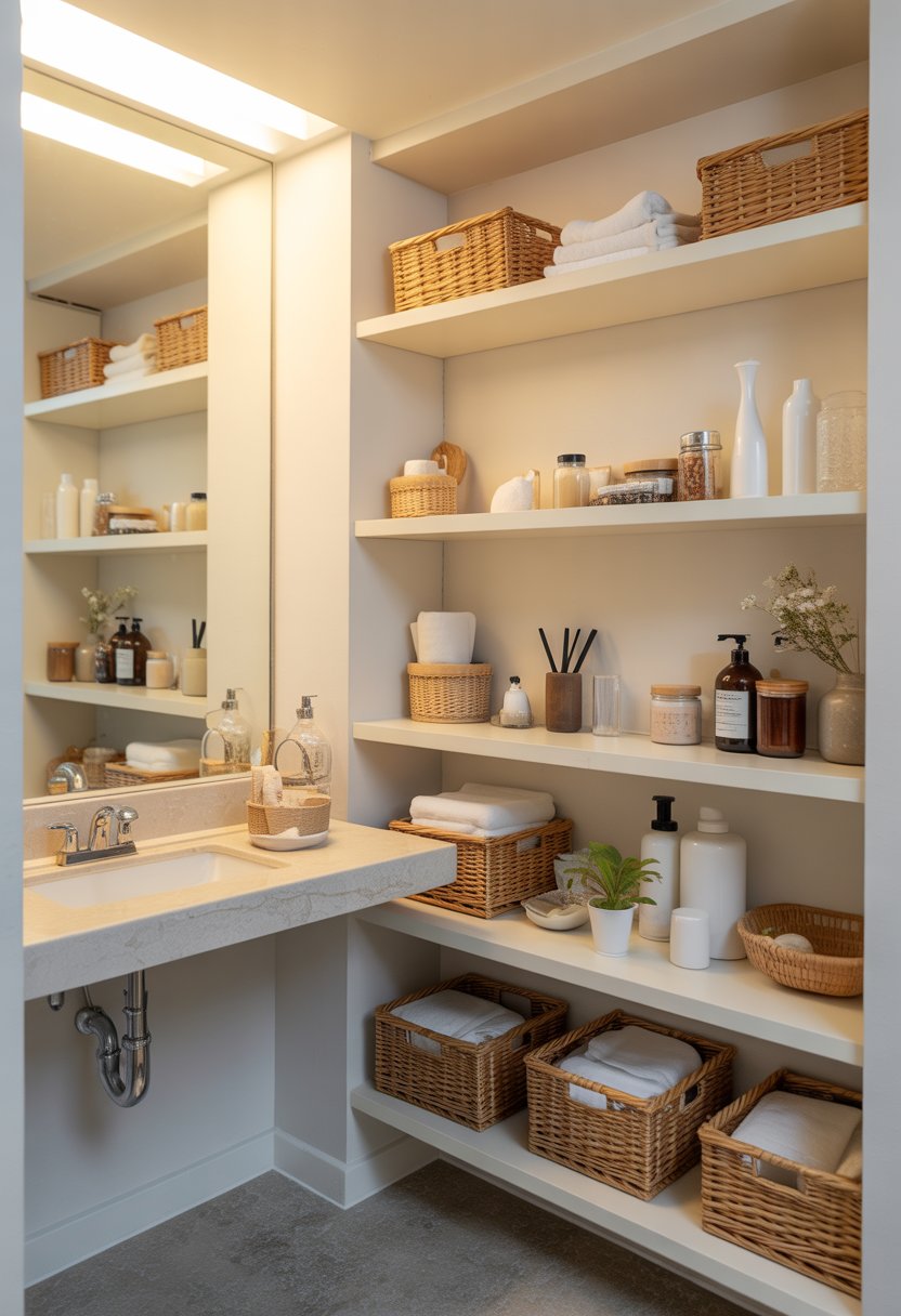 small bathroom organization | v2 wl63r 0gvo9 A bathroom with low open shelves holding neatly organized towels and toiletries, designed for easy access.