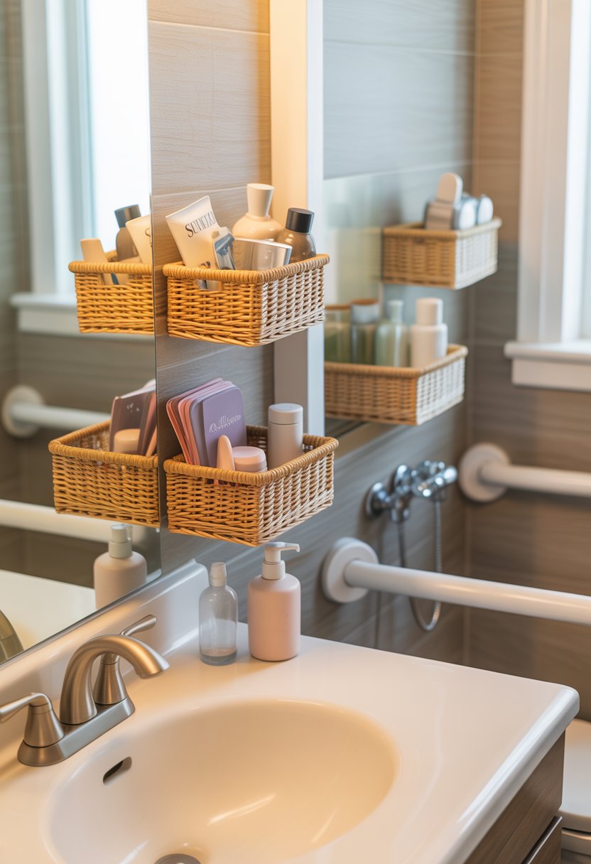 small bathroom organization | v2 wl63z 0hkyd A bathroom with wall-mounted baskets holding small items above a sink, keeping the countertop clear and organized.