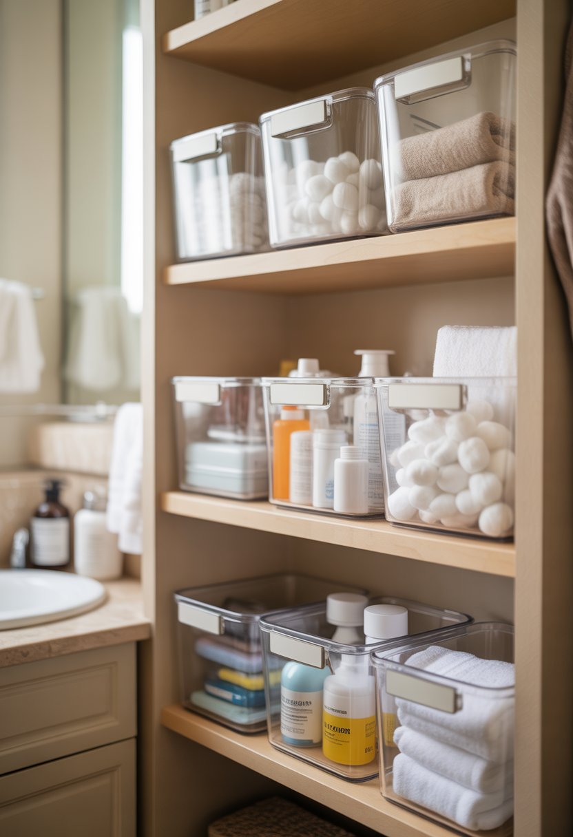 small bathroom organization | v2 wl64a o797f A bathroom shelf with clear storage bins neatly arranged containing bathroom essentials, designed for easy access.