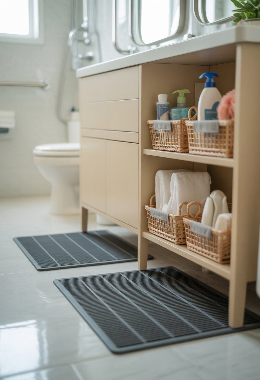small bathroom organization | v2 wl64k 04z4k A bathroom with a storage unit on non-slip mats, organized with baskets and bathroom essentials.