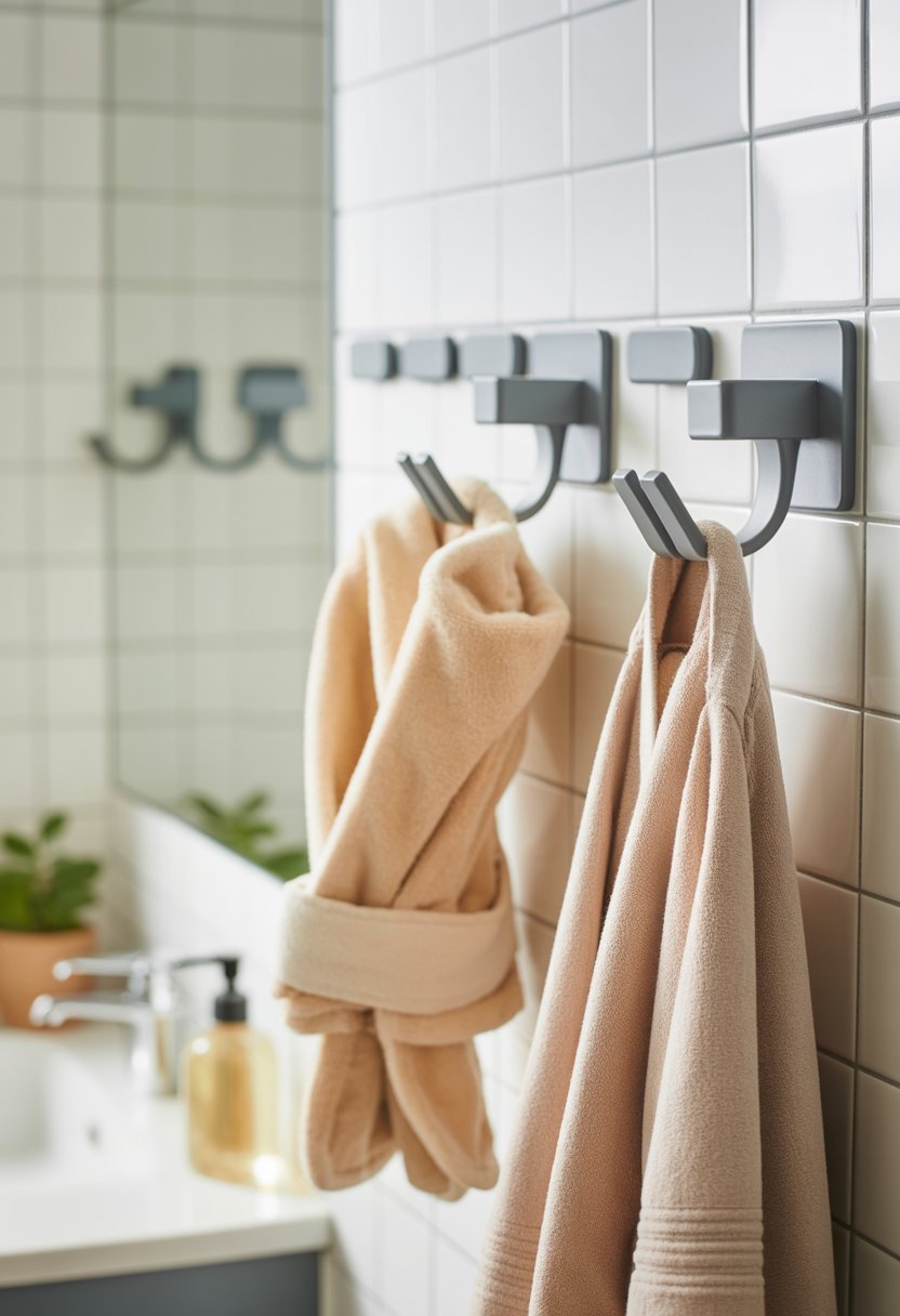 small bathroom organization | v2 wl64u pb6bw Bathroom wall with adhesive hooks holding a washcloth and robe, showing organized and accessible storage.