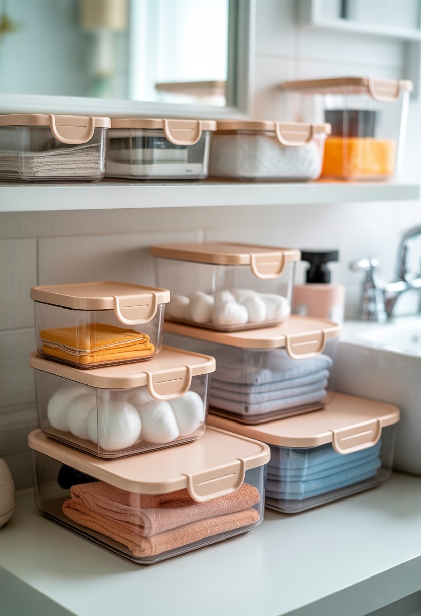small bathroom organization | v2 wl653 ujivq A bathroom with small lightweight plastic containers neatly organizing toiletries and towels on shelves and countertops.