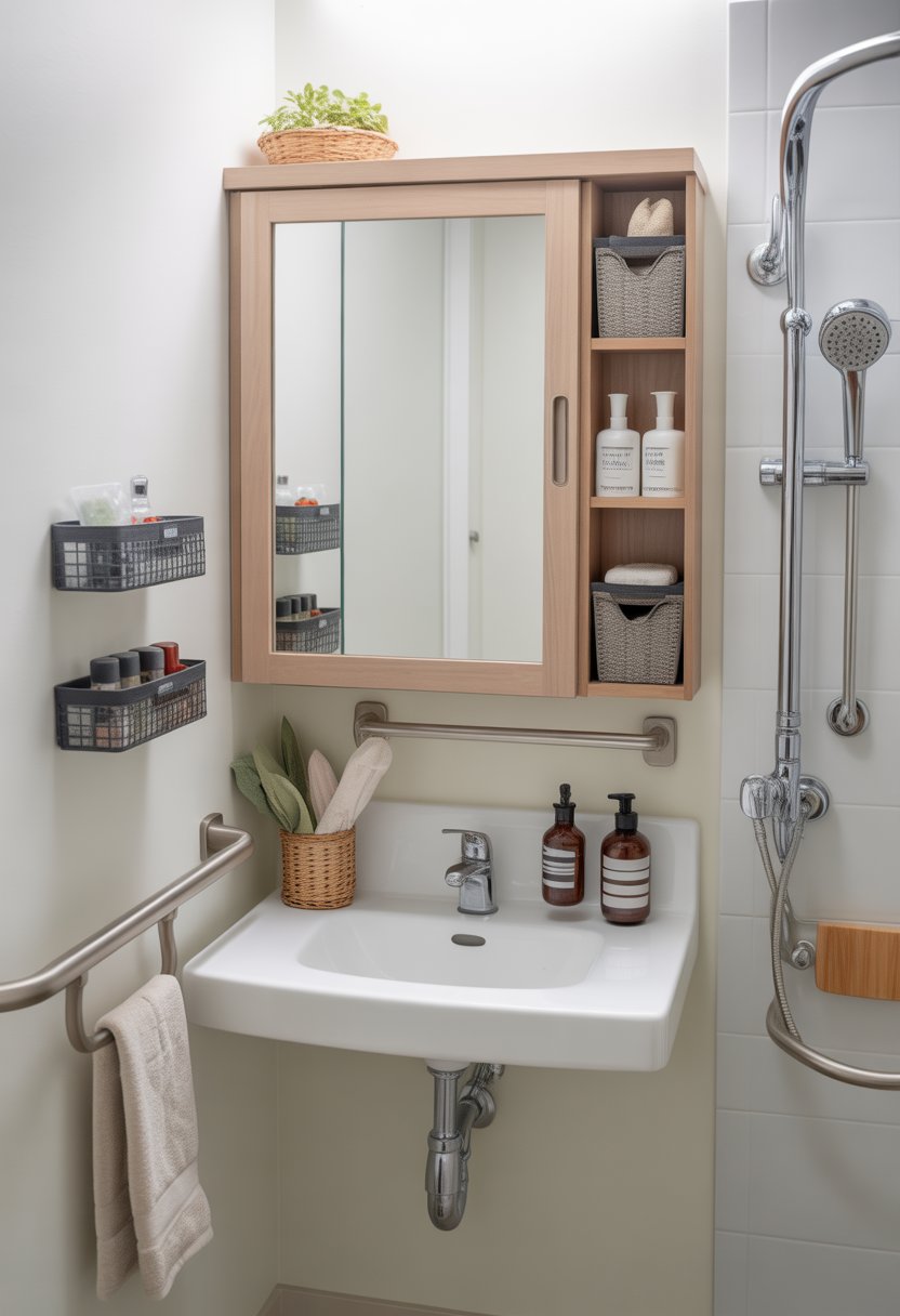 small bathroom organization | v2 wl65f hpndf A small bathroom with a wall-mounted cabinet with sliding doors above the sink, showing various senior-friendly organization features like grab bars and neatly arranged toiletries.