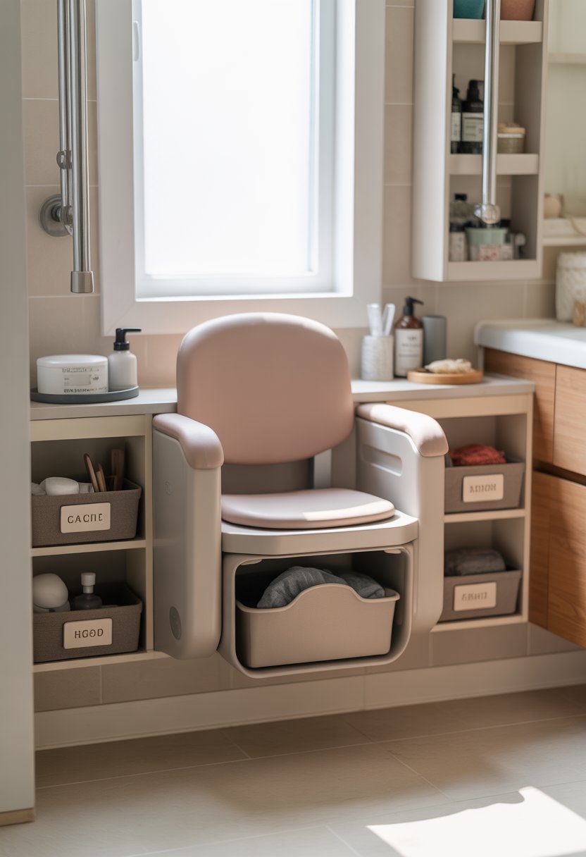 small bathroom organization | v2 wl65z yppmc A senior-friendly bathroom with a fold-down seat that has storage underneath, surrounded by small organization solutions like baskets, grab bars, and accessible shelves.