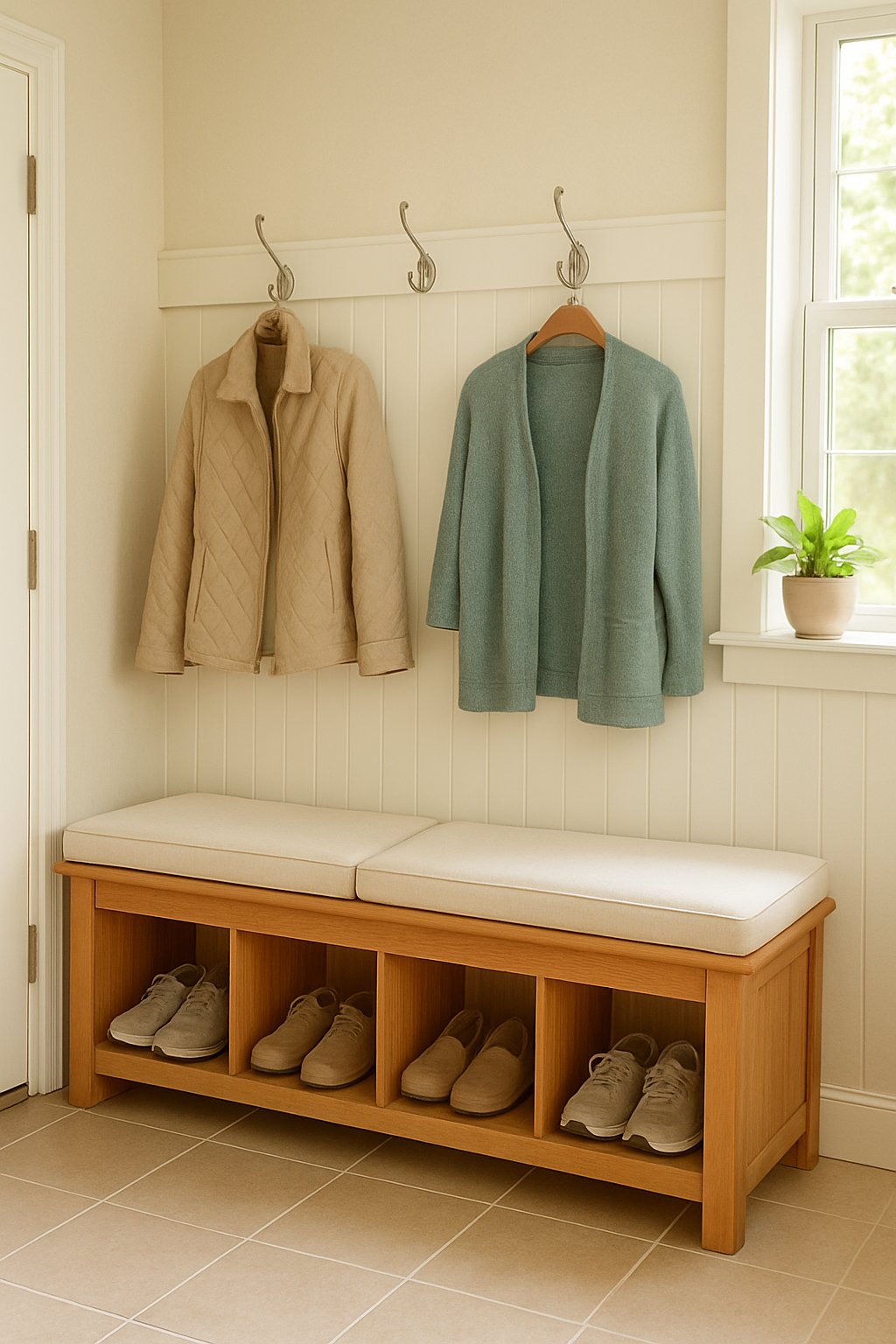 Mudroom Entry | v2 wl8ms nv2aq A mudroom entryway with a sturdy wooden bench featuring built-in shoe storage and cushions, surrounded by organized shoes and coat hooks.