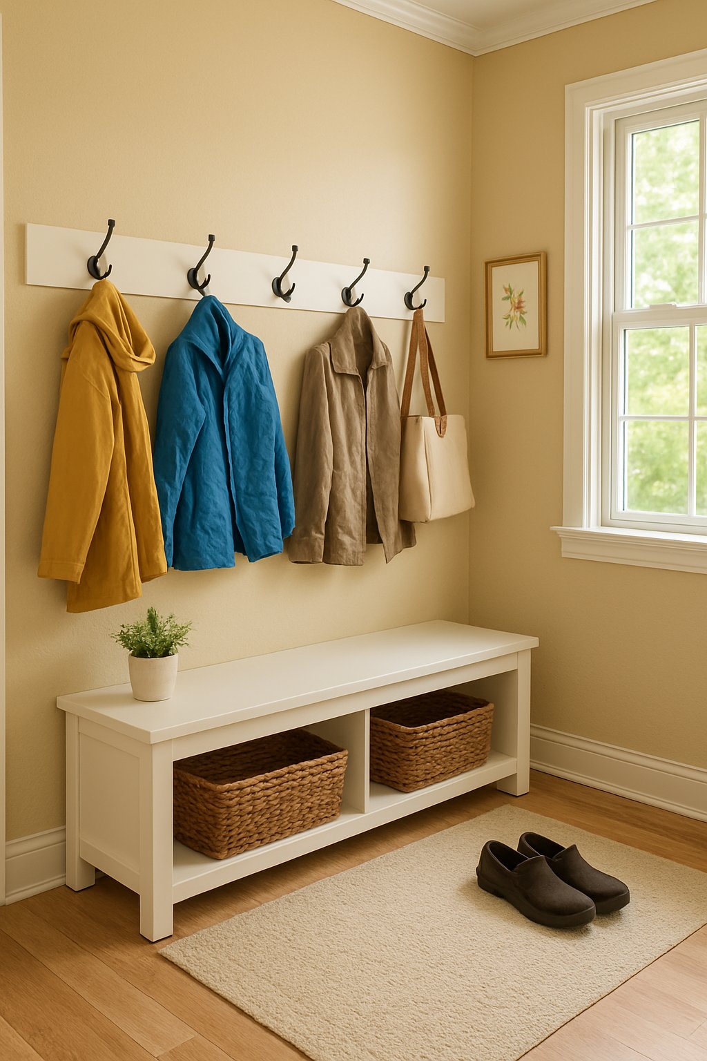 Mudroom Entry | v2 wl8n1 tmtzi A mudroom entry with wall-mounted coat hooks at reachable height holding coats and bags, a bench with storage, and natural light coming through a window.