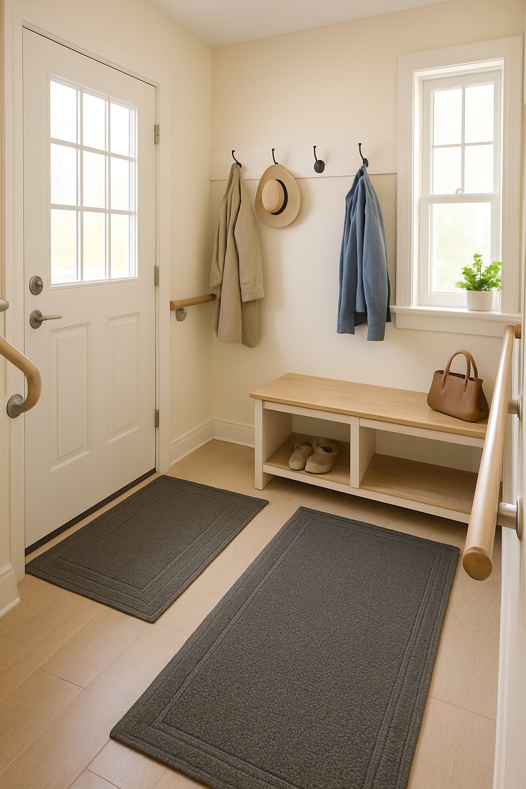 Mudroom Entry | v2 wl8nb A mudroom entryway with non-slip rugs, a bench with storage, handrails, and natural light, designed for seniors.