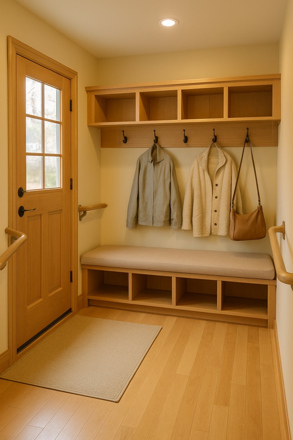 Mudroom Entry | v2 wl8nm zf3yq A bright and safe mudroom entryway with warm lighting, seating, handrails, and organized storage designed for seniors.