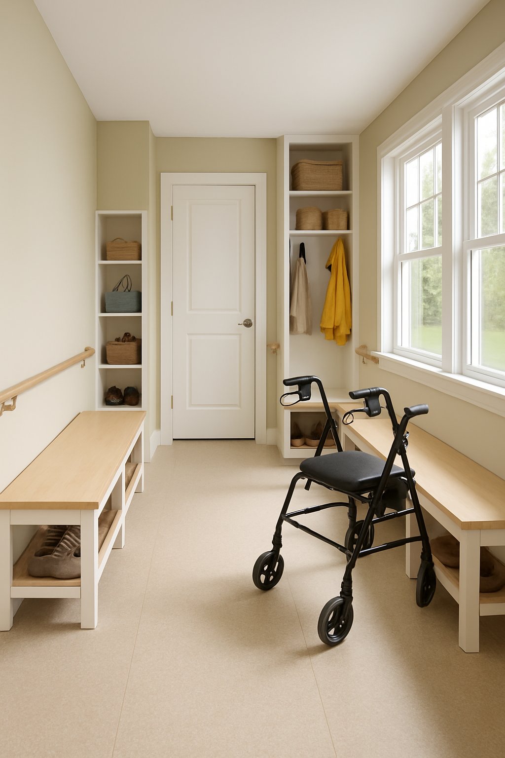 Mudroom Entry | v2 wl8ny dujjv A spacious mudroom with wide clear paths, handrails, benches, and natural light, designed for easy movement and safety.