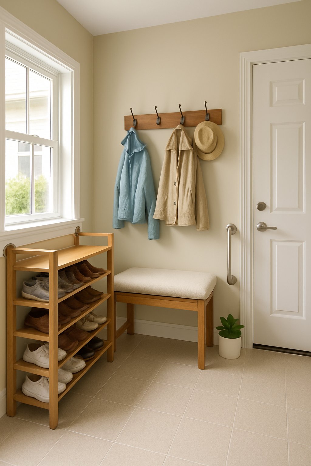 Mudroom Entry | v2 wl8oa A mudroom entry with a raised shoe rack, cushioned bench, handrails, and coat hooks designed for easy and safe use by seniors.