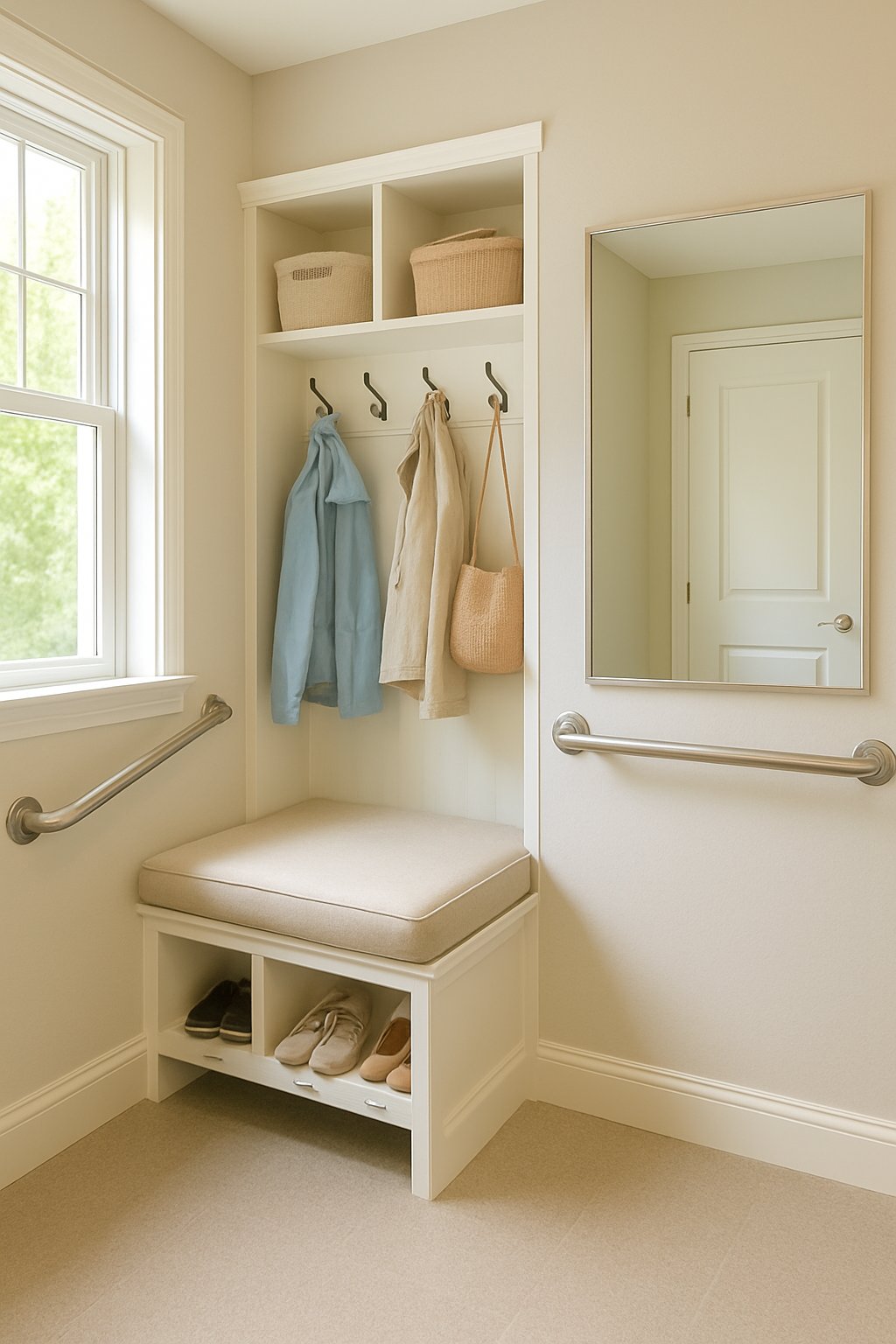 Mudroom Entry | v2 wl8om 0tc6h A bright mudroom entry with a large wall mirror, cushioned bench, storage hooks, and natural light, designed for easy grooming and accessibility.
